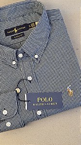 Camisa Ralph Lauren Micro Xadrez Manga Longa Preto Logo Colorido