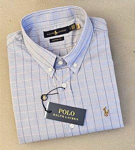 Camisa Ralph Lauren Quadriculada Manga Curta Cinza Listra Marinho Logo Colorido