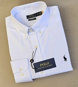 Camisa Social Tecido Plano Manga Longa Branco Logo Clássico Marinho