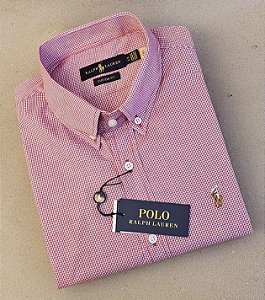 Camisa Ralph Lauren Micro Xadrez Manga Curta Vermelho Logo Colorido