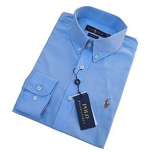 Camisa Social Ralph Lauren Tricoline Manga Longa Azul Claro Logo Colorido