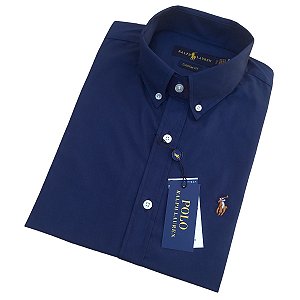 Camisa Social Ralph Lauren Tricoline Manga Curta Azul Marinho Logo Colorido