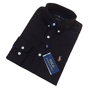 Camisa Social Ralph Lauren Tricoline Manga Longa Preto Logo Colorido