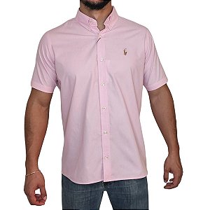 Camisa Social Ralph Lauren Tricoline Manga Curta Rosa Claro Logo Colorido