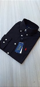Camisa Social Tecido Plano Manga Curta Preto Logo Clássico Vermelho