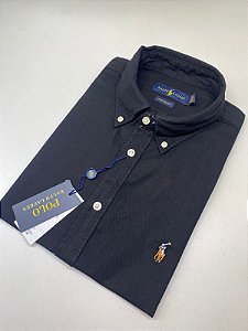 Camisa Social Oxford Manga Curta Preto Logo Colorido