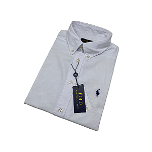 Camisa Social Oxford Manga Curta Branco Logo Clássico Marinho