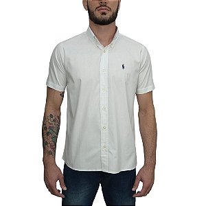 Camisa Social Tecido Plano Manga Curta Branco Logo Clássico Marinho