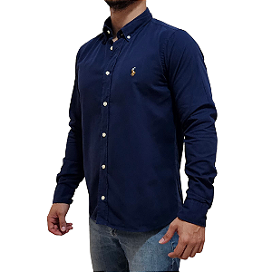 Camisa Social Oxford Manga Longa Marinho Logo Colorido