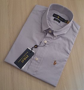 Camisa PRL Lisa Tecido Plano Manga Curta Cinza Claro Logo Colorido