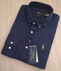 Camisa PRL Lisa Tecido Plano Manga Longa Marinho Logo Colorido