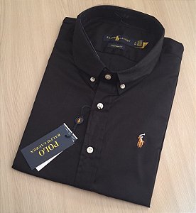 Camisa PRL Lisa Tecido Plano Manga Curta Preto Logo Colorido