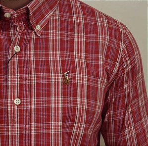 Camisa Social Ralph Lauren Linha Oxford Xadrez Manga Curta Vermelho Logo Colorido