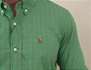 Camisa Ralph Lauren Xadrez Manga Curta Verde Listras Multi Color Logo Colorido
