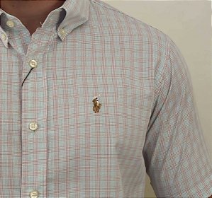 Camisa Ralph Lauren Xadrez Manga Curta Listra Azul Claro Vermelho Logo Colorido
