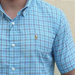 Camisa Ralph Lauren Xadrez Manga Curta Verde Claro Listras Vermelho Logo Colorido