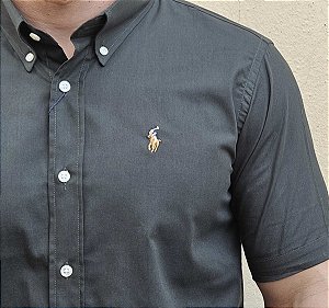 Camisa Social Ralph Lauren Tricoline Manga Curta Verde Militar Logo Colorido