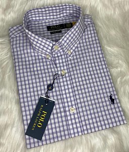 Camisa Ralph Lauren Xadrez Manga Curta Lilás Logo Clássico Marinho