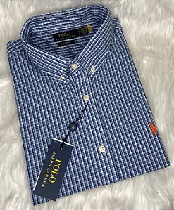 Camisa Ralph Lauren Multicolor Manga Curta Listra Marinho Logo Clássico Laranja