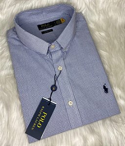Camisa Ralph Lauren Quadriculada Manga Curta Branco Linha Dupla Clássico Marinho