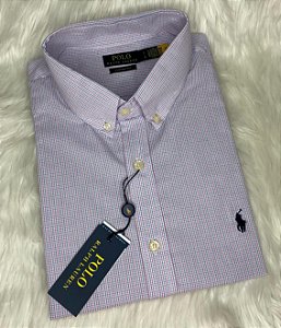 Camisa Ralph Lauren Micro Xadrez Manga Curta Listras Azul Logo Clássico Marinho