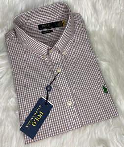 Camisa Ralph Lauren Xadrez Manga Curta Bege Logo Clássico Verde