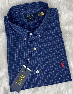 Camisa Ralph Lauren Quadriculada Manga Curta Marinho Acero Logo Clássico Vermelho