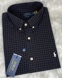 Camisa Ralph Lauren Xadrez Manga Curta Preto Listra Laranja Logo Clássico Branco