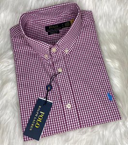 Camisa Ralph Lauren Xadrez Manga Curta Bordo Logo Clássico Celeste