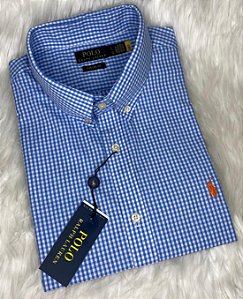 Camisa Ralph Lauren Xadrez Manga Curta Azul Claro Logo Clássico Laranja