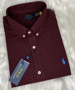 Camisa Ralph Lauren Xadrez Manga Curta Bordo Listra Preto Logo Clássico Celeste