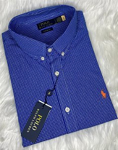 Camisa Ralph Lauren Quadriculada Manga Curta Azul Royal Logo Clássico Laranja
