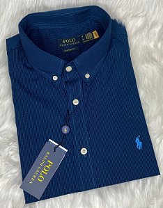 Camisa Ralph Lauren Quadriculada Manga Curta Azul Petróleo Logo Clássico Celeste