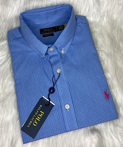 Camisa Ralph Lauren Quadriculada Manga Curta Azul Claro Logo Clássico Rosa