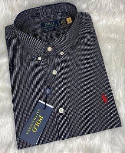 Camisa Ralph Lauren Quadriculada Manga Curta Preto Logo Clássico Vermelho