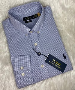 Camisa Ralph Lauren Quadriculada Manga Longa Branco Linha Dupla Clássico Marinho