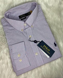 Camisa Ralph Lauren Micro Xadrez Manga Longa Listras Azul Logo Clássico Marinho