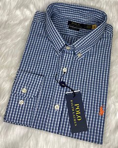 Camisa Ralph Lauren Multicolor Manga Longa Listra Marinho Logo Clássico Laranja