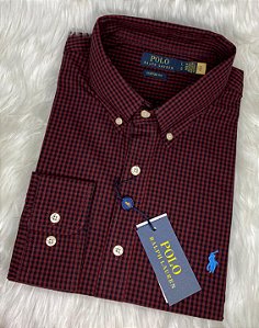Camisa Ralph Lauren Xadrez Manga Longa Bordo Listra Preto Logo Clássico Celeste