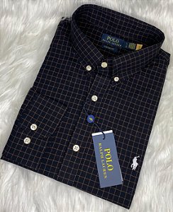 Camisa Ralph Lauren Xadrez Manga Longa Preto Listra Laranja Logo Clássico Branco