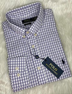 Camisa Ralph Lauren Xadrez Manga Longa Lilás Logo Clássico Marinho