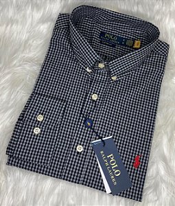 Camisa Ralph Lauren Xadrez Manga Longa Chumbo Logo Clássico Vermelho