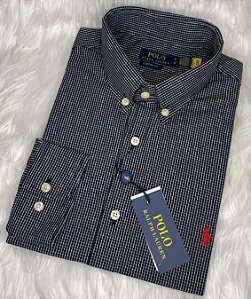 Camisa Ralph Lauren Quadriculada Manga Longa Preto Logo Clássico Vermelho
