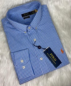 Camisa Ralph Lauren Xadrez Manga Longa Azul Claro Logo Clássico Laranja
