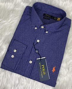 Camisa Ralph Lauren Quadriculada Manga Longa Marinho Logo Clássico Laranja