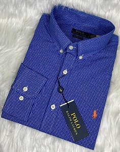 Camisa Ralph Lauren Quadriculada Manga Longa Azul Royal Logo Clássico Laranja