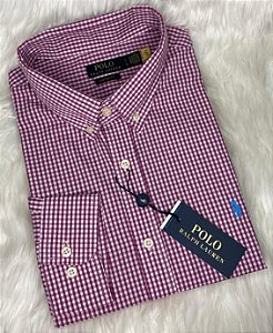 Camisa Ralph Lauren Xadrez Manga Longa Bordo Logo Clássico Celeste