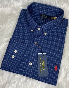 Camisa Ralph Lauren Quadriculada Manga Longa Marinho Acero Logo Clássico Vermelho