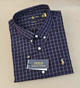 Camisa Ralph Lauren Quadriculada Manga Curta Marinho Quadros Grande Logo Colorido