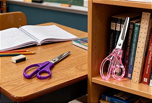 Tesoura Escolar Cabo Transparente roxo / rosa Acrilex – Aço Inox, Ponta Arredondada e Segura